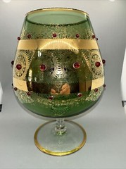 VINTAGE VENETIAN BOHEMIAN LARGE BRANDY SNIFTER GREEN GOLD WITH RED JEWELS