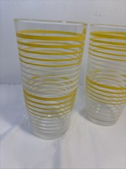 2 Vintage MCM Yellow/White Stripe Tumblers Juice Glasses 5 3/4” Barware