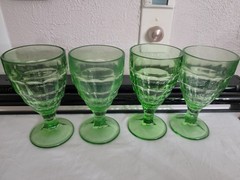 Hazel Atlas Colonial Block Optic Uranium Green Glass Water Goblets Set of 4