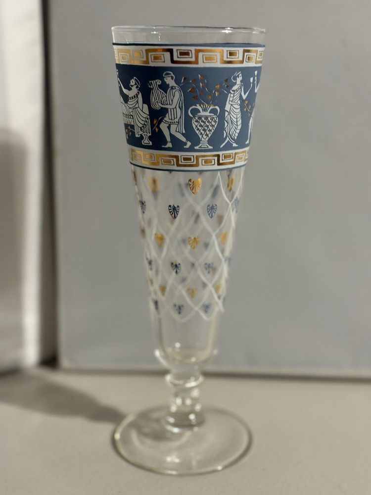 Cup Goblet Cera Greek Etruscan Frieze Blue Glass Gold Vintage Barware Glass