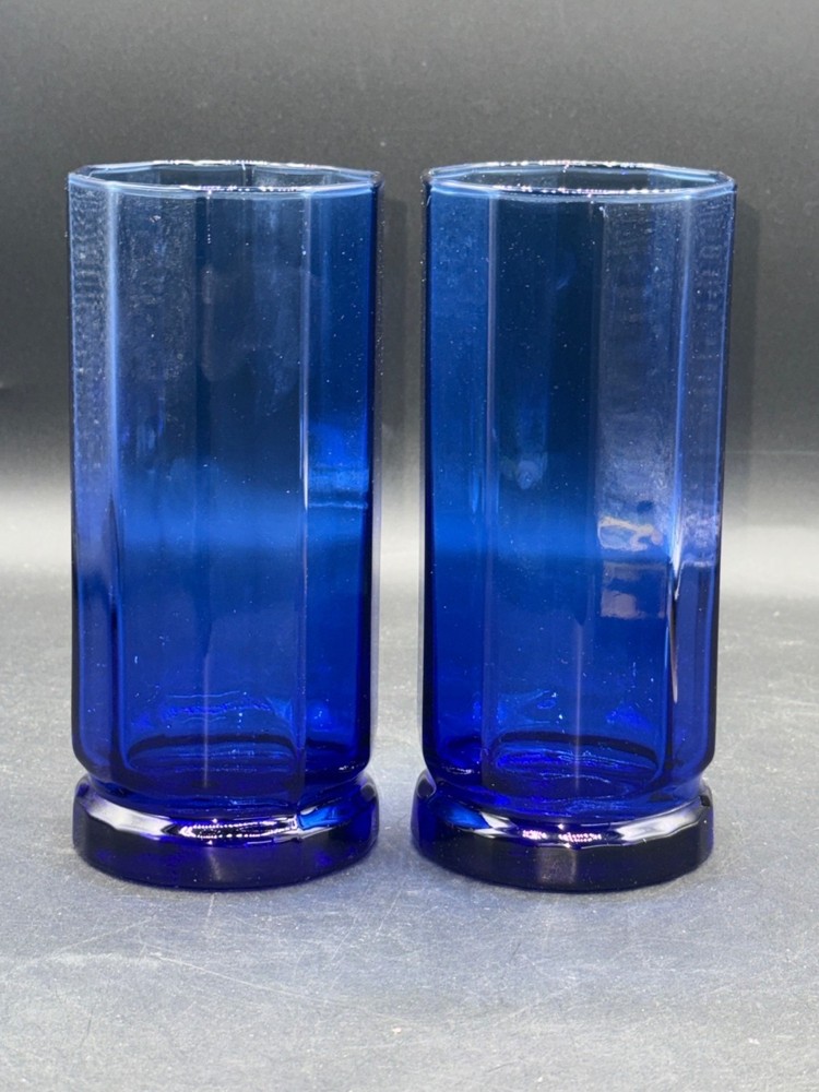 Pair Of 2 Vintage Anchor Hocking Cobalt Blue Glasses 6.5″ Tall Ribbed Design