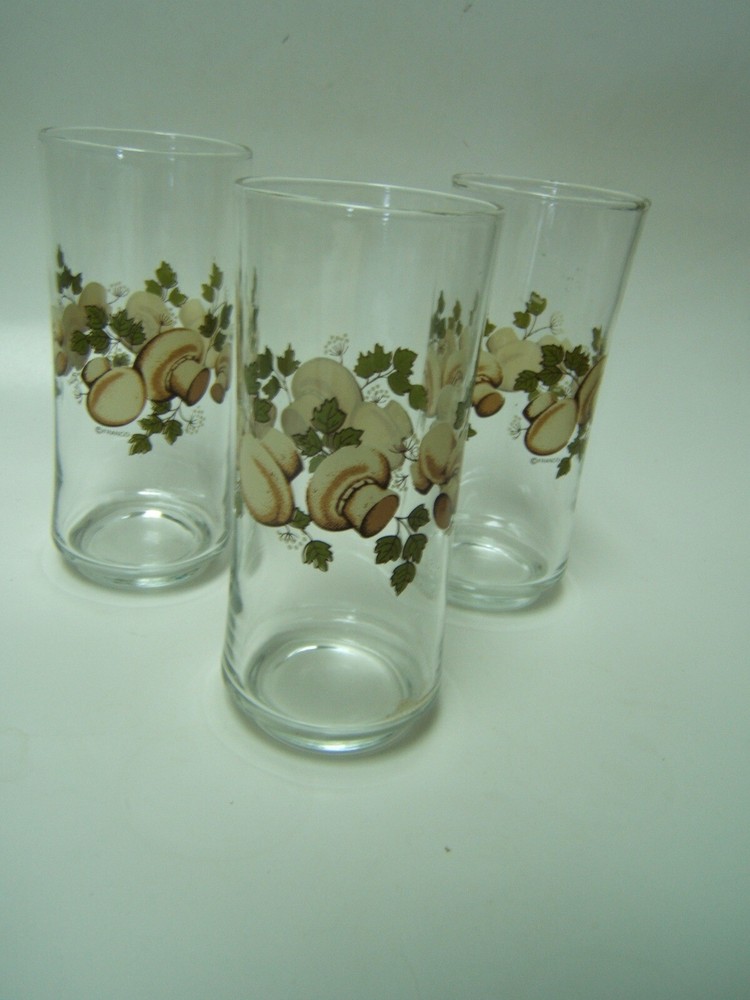 Vintage Libbey Ice Tea Glasses Set of 3 LRS189 Mushrooms & Leaf Franco
