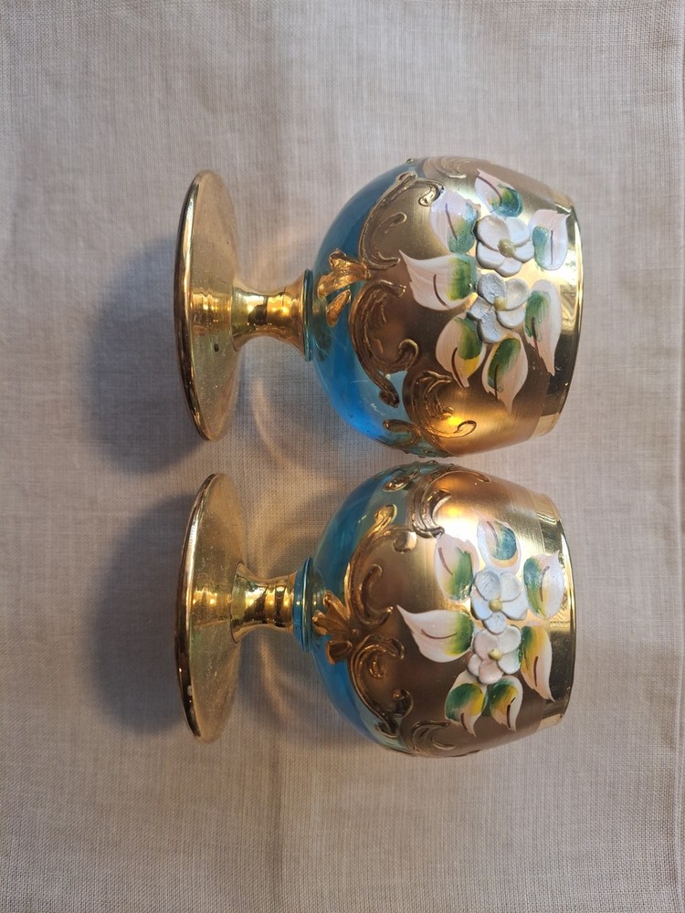 Vintage Blue Murano Tre Fuochi Liquer Glasses With 24k Gold Trim And Floral …