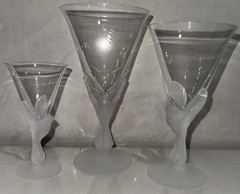 Vintage Sasaki Wings Crystal Stemware Frosted Bird Dove Glasses Set of 3