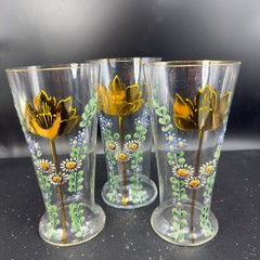 Antique Enamel Painted Floral Glass Tumblers Cups Tulip Daisy Gold Rim Set 3 VTG