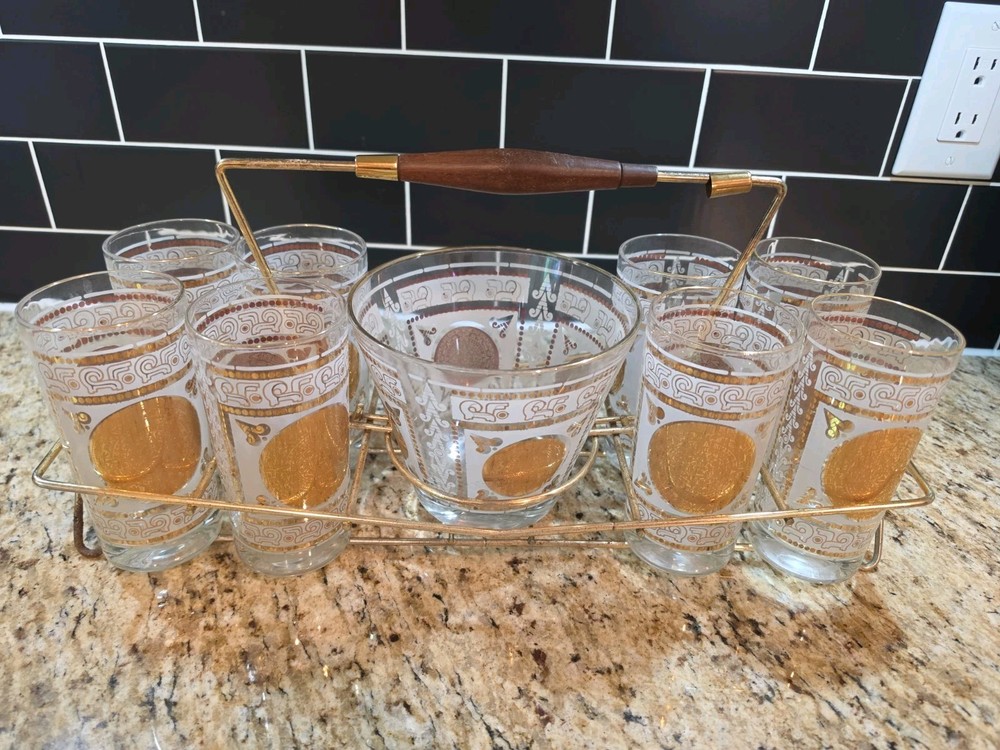 Vintage Midcentury MCM Aztec Gold Medallion Hazelware 10 Piece Bar Set Glass