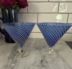 Vintage 2 PIER MARTINI COBALT BLUE White Swirl LINES CLEAR BALL STEMS 5”T