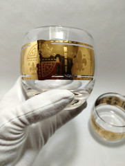 (4) VITO BARI GOLD ROLY POLY Cocktail Glass~CULVER Style Bar Glass~3″x3~22k Gold