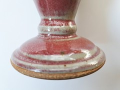 6″ Studio Pottery Chalice Goblet, Red & Green Glaze, Blue Slip-Dots