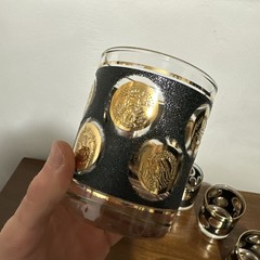 Vintage Libbey Gold Coin Bourbon Glasses Set of 8 w/ Black Raised Texture 8 oz