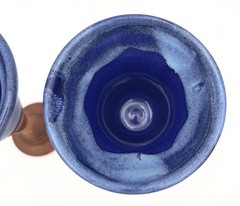 Set of 2 Bell-shaped Blue Drip Glaze Ceramic Drinking Goblets Turned Wood Stems