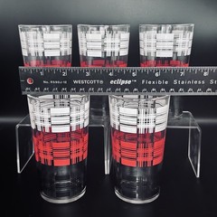 (5) Vintage Barware Hi-Ball Cocktail Glass Tumblers Black White & Red Plaid 5” T