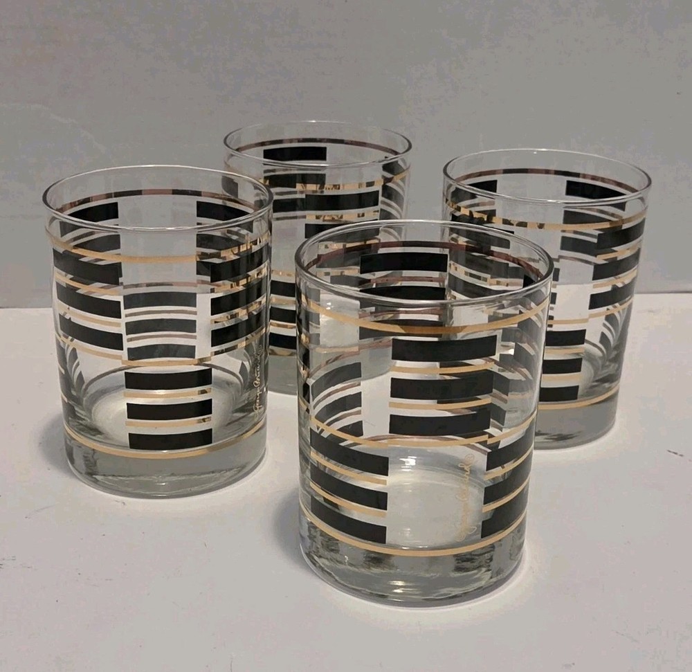 4 Vtg Georges Briard Gold & Black Double Old Fashioned Glasses MCM