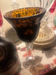 Vintage Hand-Blown Tortoiseshell Art Glass Goblet – 7.5” – Amber & Dark Spots
