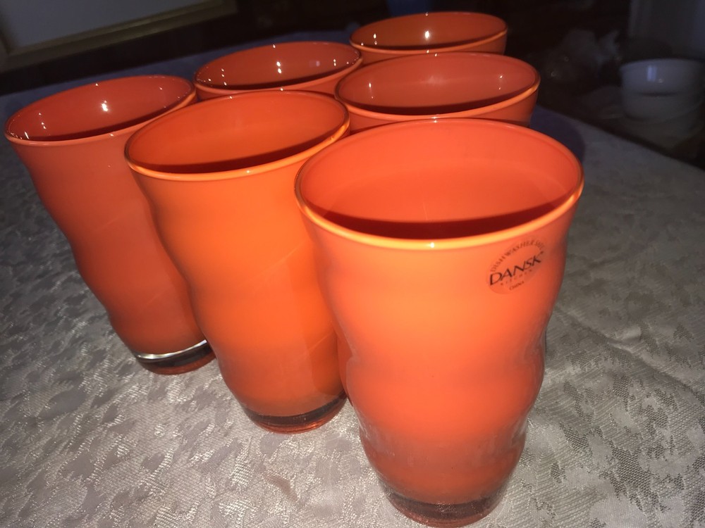 RARE Set Of 6 DANSK Kitchen RIO Ripple Wave ORANGE 16oz Crystal TUMBLERS 6″ Tall