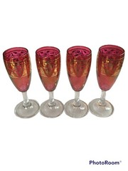 Vintage Set 4 Timon Collezione Barware Cranberry Gold Leaf Cordial Glasses Italy