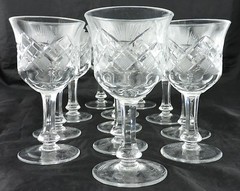 VINTAGE CUT GLASS OR CRYSTAL PORT/WINE GOBLET SET 11 FLARE CRISS CROSS ETCHED
