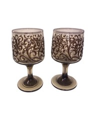 2 Vintage MCM Libbey Prado Stemmed Wine Glasses Scroll Embossed Tawny Brown