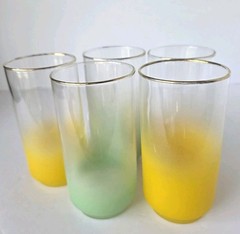 Vintage Libbey Frosted Ombre Drinking Glasses Set of 5 MCM Gold Rim Tumblers