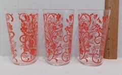 3 Red Floral Vine VTG 8 Oz Drinking Glasses Tumblers 4 3/4″ VTG Set