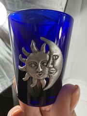 * RARE* Vintage Cobalt Blue Libby Celestial Moon Sun Stars Shot Glass Metal