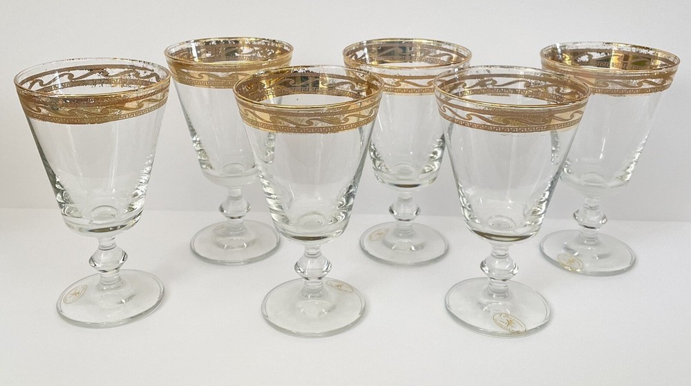 J Preziosi Lavarato A Mano Italian Gold Rim Etched Design Wine Glasses Set of 6
