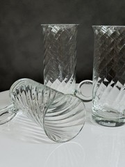 4 Optique Glass Irish Coffee Mugs By Essentials, Curled Handle EUC 5.75” Tall