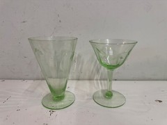 Vintage Pair of Green Uranium Glass Juice Tumbler and Stemmed Glass