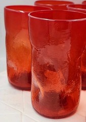 Blenko Crackle Dimpled Tangerine 5 1/2″ T Tumblers Glasses Lot Of 8