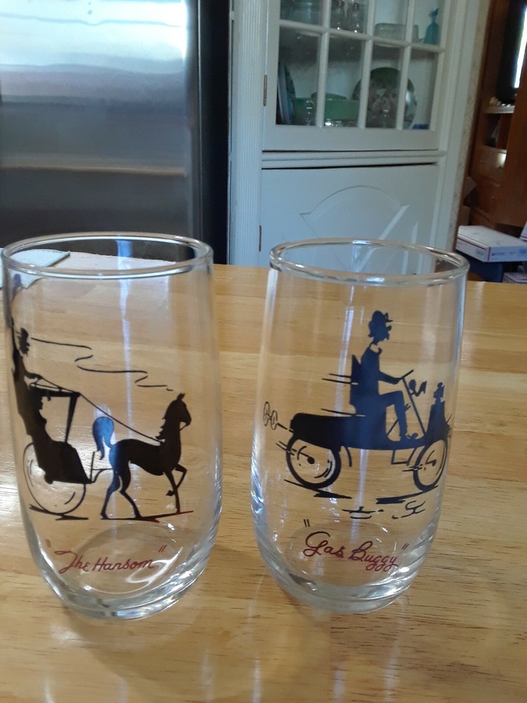 2 VINTAGE ANCHOR HOCKING GLASSES «THE HANSOM» & «GAS BUGGY» B8