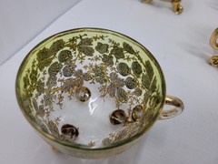 6 ANTIQUE MOSER GLASS 3 FOOTED HANDLED PUNCH CUPS WITH GILT FLORAL AND BERRIES