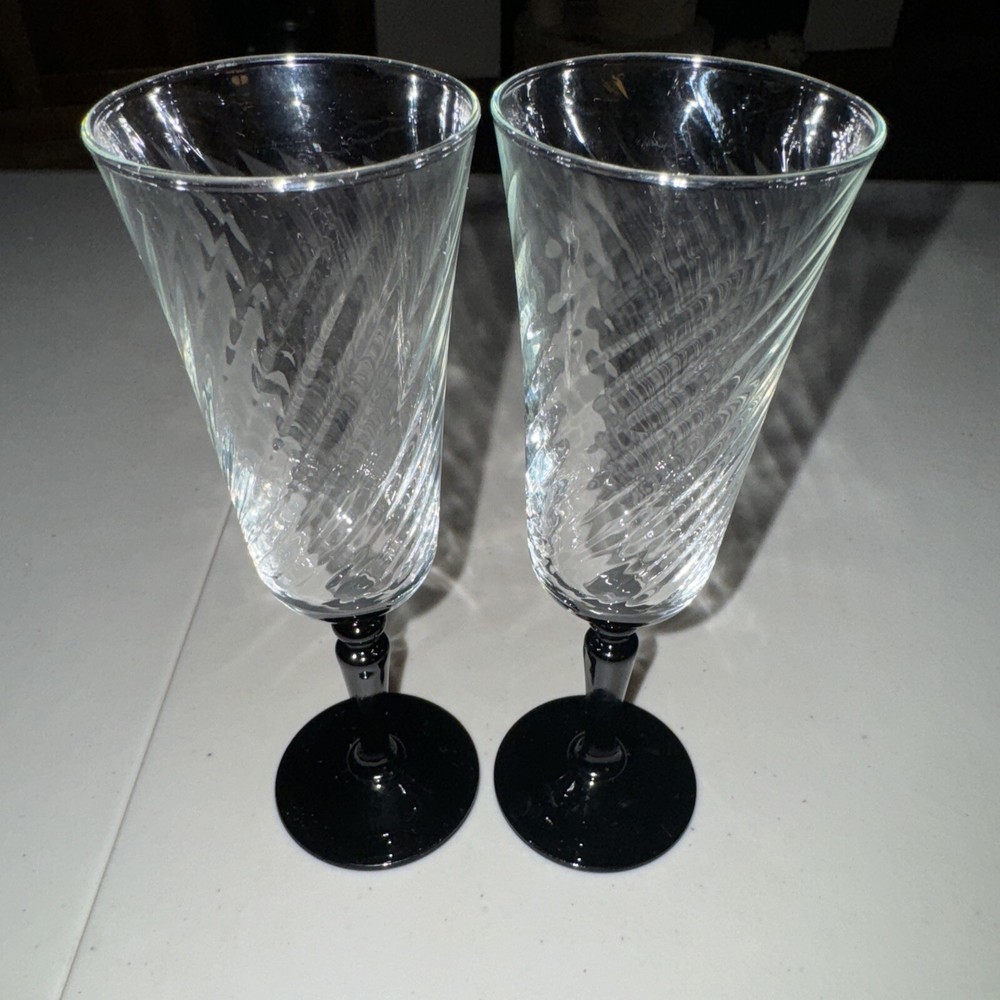 Vintage Luminarc Optic Swirl Champagne Glasses 7” Onyx Black Stem France Set 2