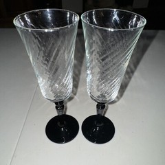 Vintage Luminarc Optic Swirl Champagne Glasses 7” Onyx Black Stem France Set 2