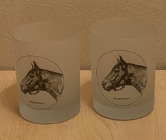 2 Frosted Old Fashion Glasses Legendary Horse Seabiscuit Signed Richard E Bishop