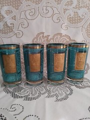 Vintage 22 k gold and turquoise blue, mid century aztec design 4 tumbler glasses