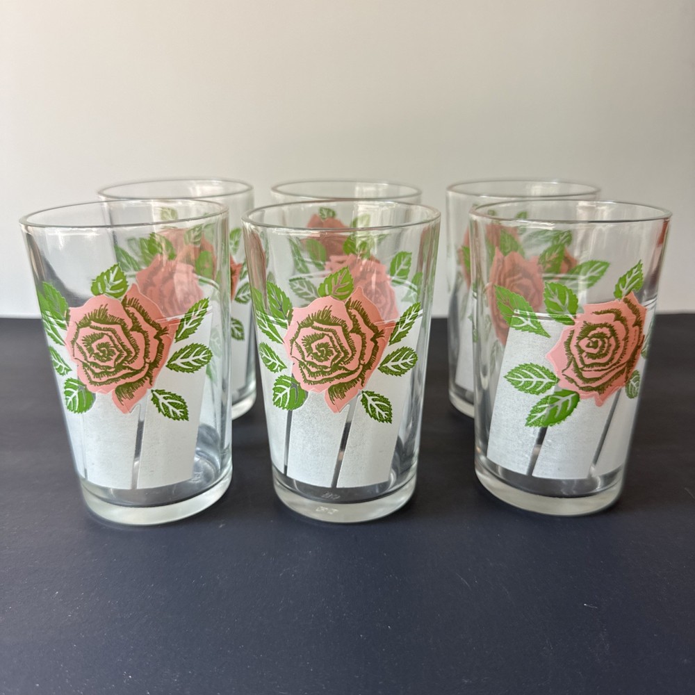 Set of 6 Vintage Pink Rose Floral 4” Juice Drinking Glasses Tumblers Retro