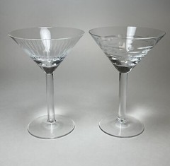 Hand Blown Martini Glass Set of 2 Etched Cut Modern Designs 6.75”