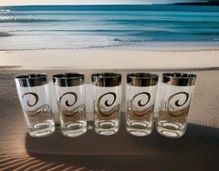 5 Dorothy Thorpe Silver Rim Highball Glasses Scroll C Monogram MCM Vintage 6Os