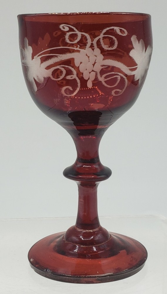 3-5/8″ Shreve Crump & Low Bohemian Ruby Red Cut to Clear Port Glass Grape Etched