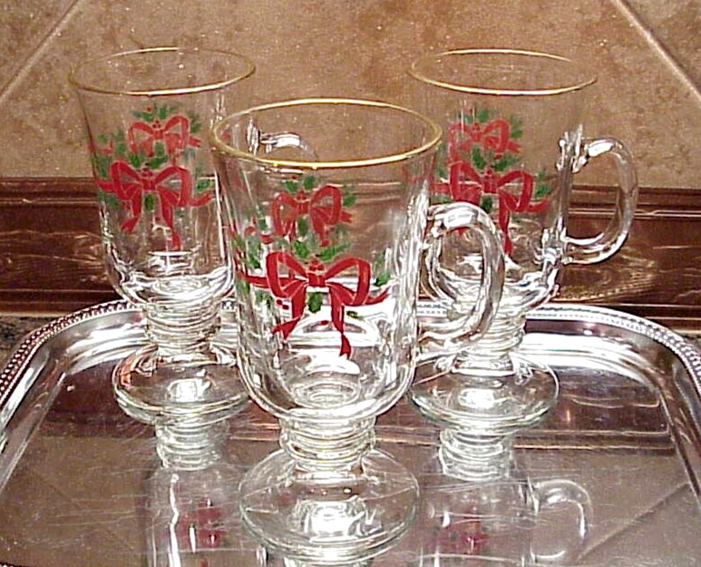 Vintage Libbey Holly Ribbon Irish Mugs (3) Footed Gold Band 5 3/4″ Tall Marked