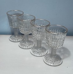 Vintage JEANNETTE Cordial Glasses: Diamond Cut, Twist Stem, Gold Rim Set of 4