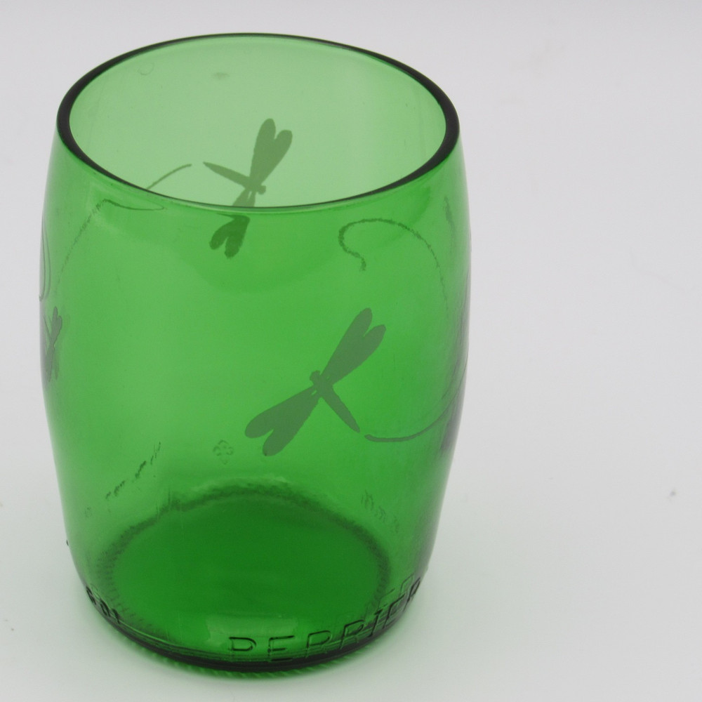 Perrier Bottle Tumbler, 330ml Green Glass, Hobbyist, Etched Dragonfly, 12oz