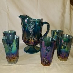 Indiana HARVEST GRAPE BLUE Carnival Glass iridescent PITCHER SET w/7 TUMBLERS