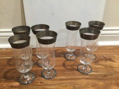 7 PC VTG MidCentury WIDE Silver Band Rim Parfait Tulip Cocktail Juice Glasses