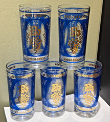 Hazel Atlas Mid Century Colbalt Blue Gold Grapes & Wheat Tumblers Barware 5