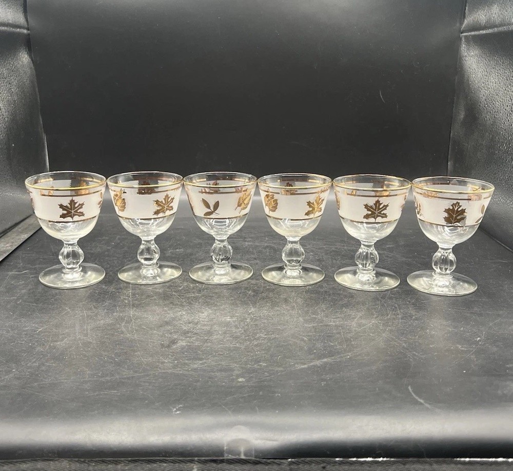 Libbey Frosted Gold Leaf Cordial Glasses Set Of Six Vintage MCM