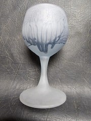 Vintage Hebron Israel Art Glass Drip Glaze Wine Decanter & 6 Glasses Grey & Blue