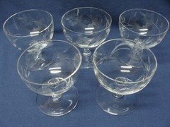 Early Mid Century Cut Crystal Gray Etched, 4 Low Stem Sherbet Champagne Glasses