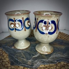 Vtg Stoneware Goblets Set of 2 Stemmed Cups 70s MCM Handmade Rustic Folk Core