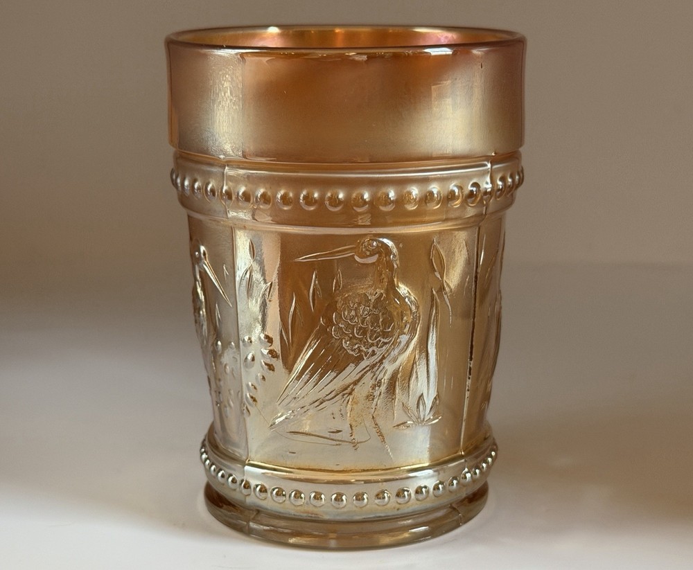 Antique Dugan Beaded Stork and Rushes Paneled Carnival Glass Tumbler 4”